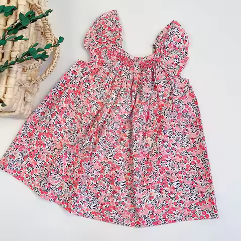 Summer Floral Smocked Vest Dress for Girls Vestidos European Style Baby Dresses Soft Breathable Cott
