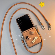 Korean Cute Cartoon Smile Coffee Bear Crossbody Long Short Hand Strap Hinge Brown Leather Case Cover