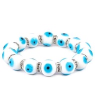 12mm白色土耳其大塊玻璃惡魔之眼配墊圈手鍊，Evil Eye 16顆邪眼手帶 藍眼圖騰邪惡的眼睛魔眼藍白相間圓形眼晴辟邪擋小人時尚潮物(VTR-BRACELET-12EYE-WHITE)