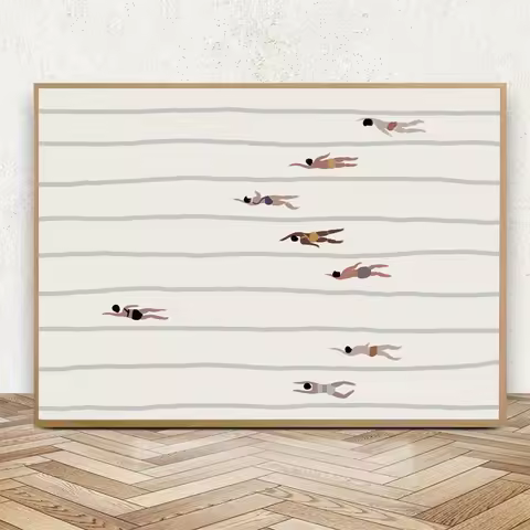 Nordic Diverse Women Swimmers Prints Minimalist Swimming Pool Wall Art Canvas Painting Pictures Post