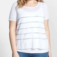 Eileen Fisher Stripe Ballet Neck Cap Sleeve Organic Linen Top White/Gray Size XS
