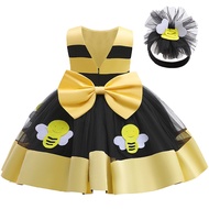 2pcs Set Yellow Little Bee Costume for Baby Girl Headaband Sleeveless Princess Tutu Dress Fancy Halloween Outfit Kids Girls Birthday Formal Gown 1-7 Years Old