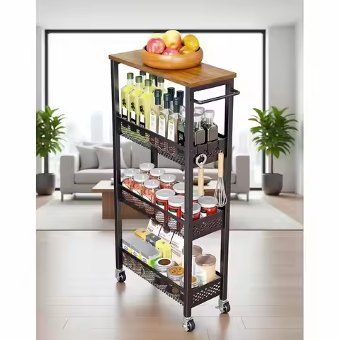 4-Tier Rolling Kitchen Cart with Wooden Top for Storage in Small Spaces