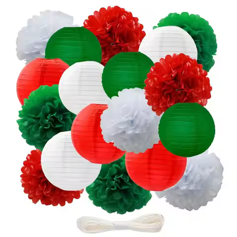 18 pcs lantern paper flower balls with green, white, and red paper lantern Christmas party decoratio