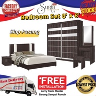 [SIAP PASANG]8' x 8' Set Bilik Tidur Katil Queen / Bedroom Set (Wardrobe+Divan Bed+Dressing Table+Side Table)