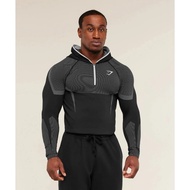 Gymshark Men Half Zip Compression Hoodie Quick Dry Long Sleeve Gym Fitness Training Black Grey Athle