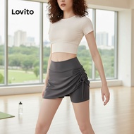 Lovito Sporty Sport Shorts Ruched 2in1 Skirt Tummy Control for Running Yoga Pants Tennis for Women L