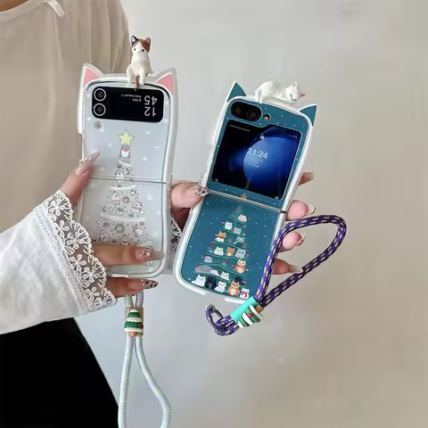Cute Christmas Tree Cat phone case for Samsung Galaxy Z Flip3 4 5 6 Flip6 Flip4 Flip5 5G folding sil