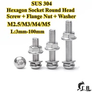 [CB-NLJLS] SUS304, Hexagon Socket Round Head Screw + Washer Four-Piece Set + Flange Nut M2.5/M3/M4/M