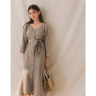 AIR SPACE Elegant Lady Button Down Belted Fishtail Midi Dress