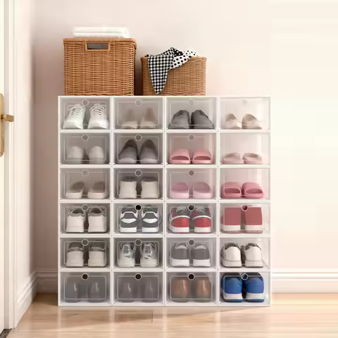 24Pcs Foldable Shoe Box, Stackable Sneaker Container Organizer, Dustproof Clear Storage Case for Liv