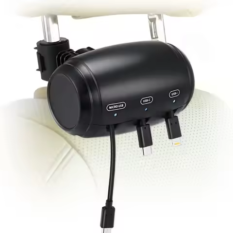 Car Headrest Backseat Retractable Cord Charger Cable 3 in 1 Fast Charging Car Charging Station Box F