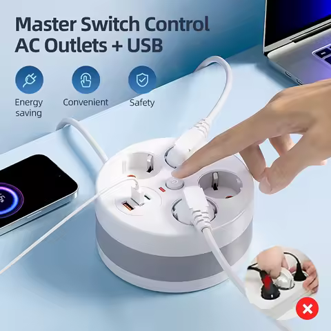 7-in-1 Round Socket with Main Switch 2.8M Retractable Cord 4AC Outlets+2USB-A Ports+1USB-C Port Powe