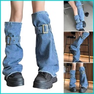 Women Washed Jeans Blue Leg Warmer Buckled Strap Grunge Baggy Flared Boot Covers