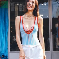 AARON1 Stripe Sleeveless Swimsuit, Bowknot Slim Fit Bikini Bathing Suit, Fashion Deep-V Beachwear Cl