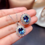 หรูหราธรรมชาติ London Blue Topaz จี้ชุดสร้อยคอเงินสําหรับผู้หญิง High-End ของขวัญ Retro Court สไตล์