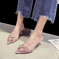 [BẢO HÀNH 12 THÁNG] giày cao gót quai trong gót nhọn 7cm đính nơ gắn đá - sandal cao gót quai trong 