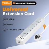 Tessan Universal Extension Cord Extension Socket With 4AC USB C 3.0A Charger Adapter 2 Meter Power S
