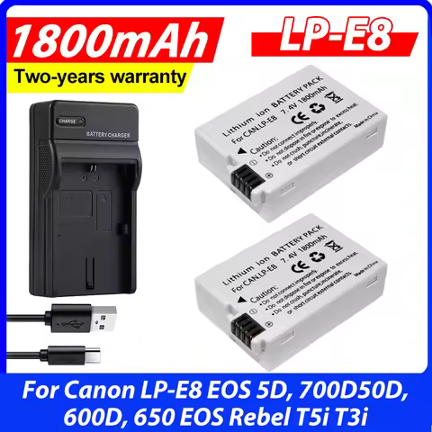 2Pcs 1800mAh Li-ion LP-E8 LP E8 Battery Pack + AC Car Charger Kits For Canon LP-E8 EOS 5D, 700D50D, 