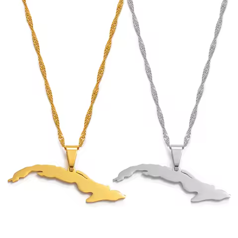 Anniyo 3.6cm Cuba Map Necklaces for Women,Map of Cuba Charm Pendant Silver Color/Gold Color Jewelry 
