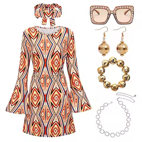 2023 Halloween 70s Hippie Disco Costume Bandana + Dress Two-piece Set Dress For Women