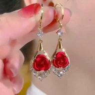 2025 Red Rose Earrings Light Luxury High-End Flashing Diamond Earrings Earrings Fashionable Classy E