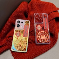 For Oppo R11 R11S R17 RENO 6 7 8/RENO9/RENO10 PRO PLUS A78 A58 A93 A96 A57 A36 Case New Year Fortune Cat Best Wishes Chinese Words Be Rich Glitter Liquid Quicksand Cover