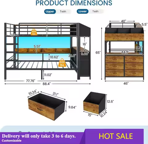 Twin Over Twin Bunk Bed with 6 Drawers & 3 Boxes, LED Lights, USB Charging, Metal Frame