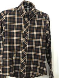 （良品衣店）TASSO 韓國製 咖藍格紋領圍三鈕扣設計窄版立領長袖襯衫 M號