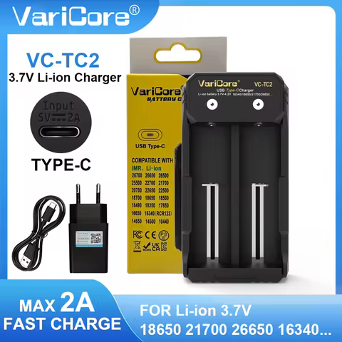 VariCore VC-TC2 2-slot charger suitable for 3.6V 3.7V 18650 21700 26650 26700 lithium-ion batteries