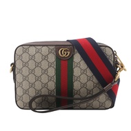 【GUCCI 古馳】Ophidia GG Supreme 帆布綠紅織帶拉鍊斜背包_展示品(米色/烏木色)/ 平行輸入