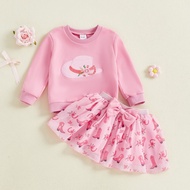 Mubineo-Girl Western Skirt Outfit Long Sleeve O Neck Cowgirl Embroidery Tops Boots Print Skirt Set