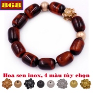 Black and red tiger's eye stone bead bracelet with lotus charm with 2 stainless steel balls, bead br