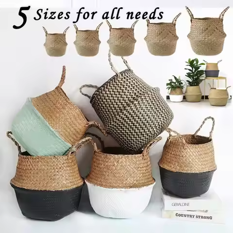 Handmade Boho Style Woven Folding Storage Basket Laundry Basket Straw Wicker Rattan Seagrass Garden 