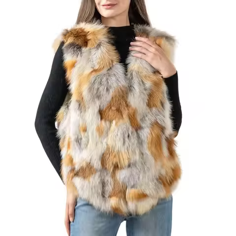 Women's Natural Fox Fur Vest For Winter Outerwear Sleeveless Waistcoat made of small pieces of color