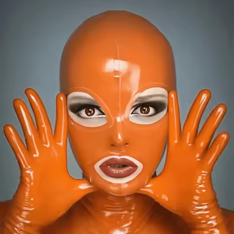 Orange Latex Open Mouth With Open Eyes Latex Hood Mask Rubber Headgear Club Wear Cosplay Party
