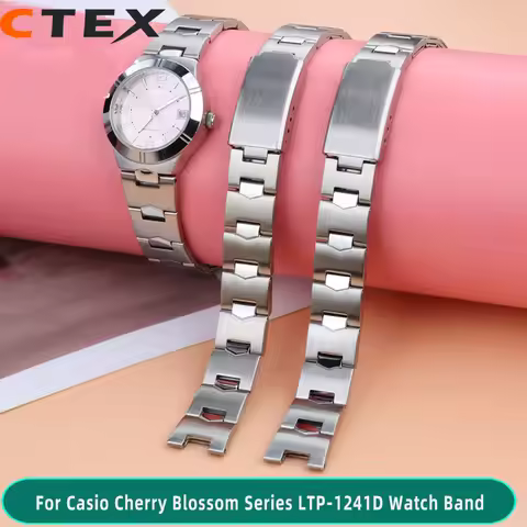 Women's Student Metal Watch Chain 14mm For Casio Cherry Blossom Series LTP-1241D Stainless Steel Met