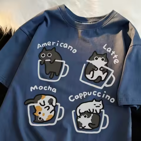 Y2K Fun Cartoon Cat Coffee Pattern 3D Print Breath Quick-Dry Men's Women's T-Shirt Outdoor Leisure F