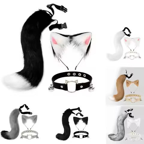 Halloween Party Dress Up Fluffy Cute Cat Ears Headband Furry Ears Hair Hoop Necklace Tail Set Leathe