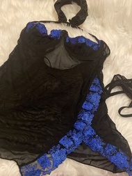 情趣黑色網紗刺繡藍花喱士吊帶睡裙連丁字褲size S