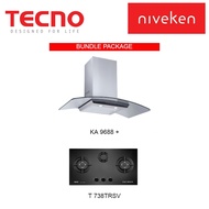 Tecno KA 9688 Tempered Glass Designer Chimney Cooker Hood + Tecno T 738TRSV 3 Burner 70cm Tempered Glass Cooker Hob