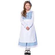 Teen & Kid Girls Beauty & Beast Belle Princess Alice Maid Costume White Blue Maid Apron Dress Fancy
