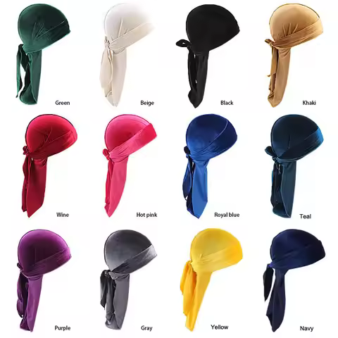 Unisex Velvet Durag Long Tail and Wide Straps Waves for Men Solid Wide Doo Rag Bonnet Cap Comfortabl
