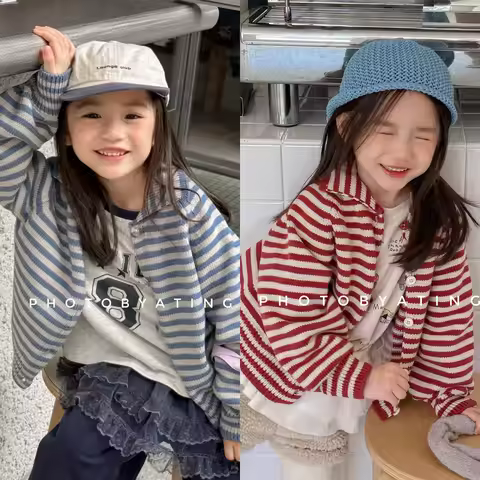 Children's Knitted Cardigan Coat 2026 Autumn and Winter Korean Striped Baby Girl's Sweater Cardigan
