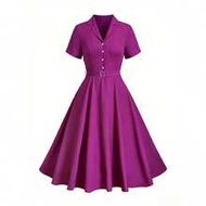 Plus Size A-Line Shirt Collar Commuter Short Sleeve Dress For Women, Spring/Summer 50s Style Dress P