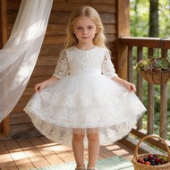 New White Baptism Dress Full Month Hundred Days Banquet with Veil Skirt Baby Mesh Wedding Dress Baby