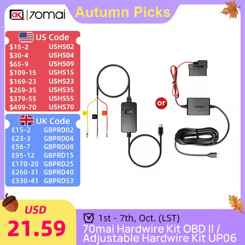70mai Hardwire Kit OBD-II & Adjustable Hardwire Kit UP06 for Dash Cam Type-C Interface Plug-and-Play