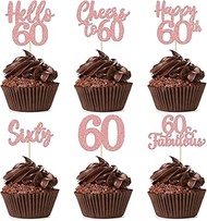 36Pcs Rose Gold 60th Birthday Cupcake Toppers Cheers to 60 Cake Toppers Sixty Happy 60th Number 60 C