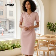 (trendy4)Lovito Women Casual Dress Plain Ruched Summer/Spring Dress L133ED1154 Lovito Pakaian Kasual