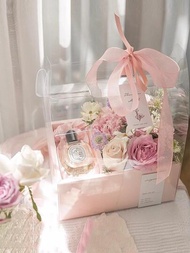 1入組花朵裝飾透明花包裝粉色的PVC手持禮物盒適用於家用的